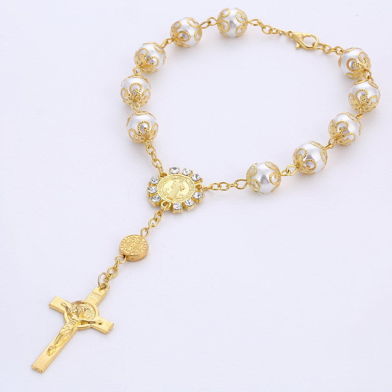 Pulsera de Perlas Sintéticas 10mm con Cruz – Joyeria Religiosa