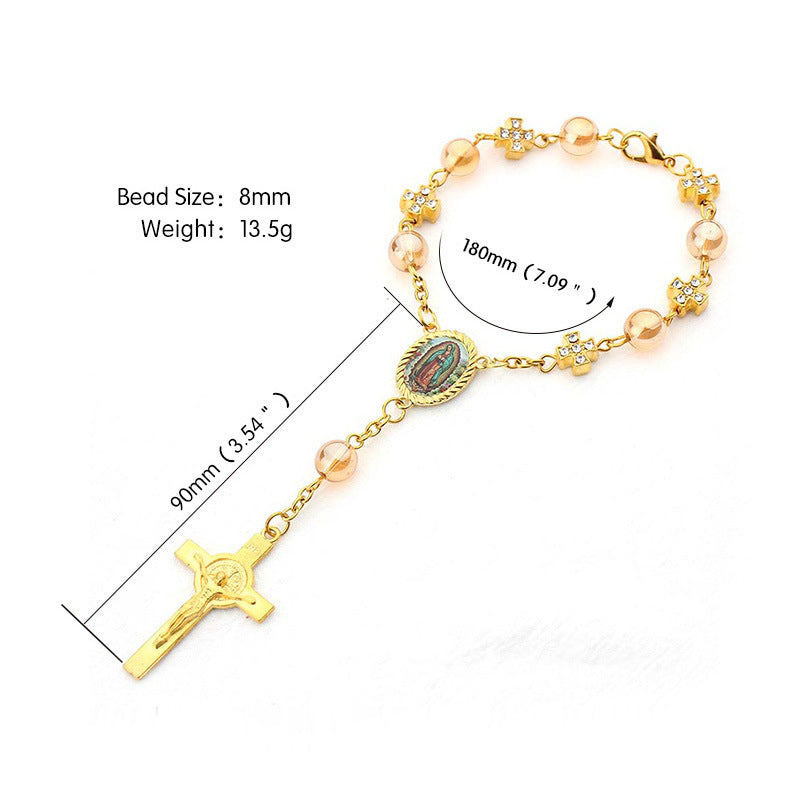 Pulsera Religiosa Virgen del Carmen con Dije de Cruz – Recuerdo de Bautizo o Primera Comunión