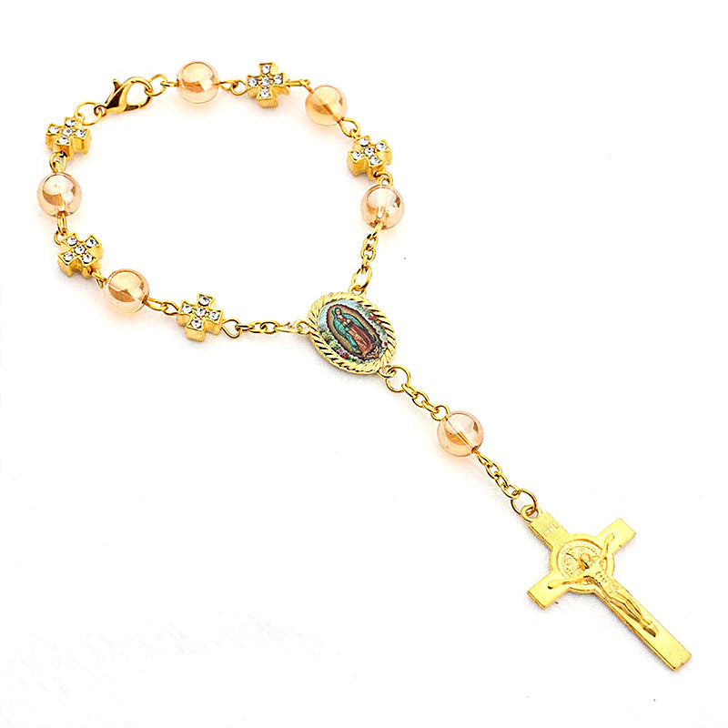 Pulsera Religiosa Virgen del Carmen con Dije de Cruz – Recuerdo de Bautizo o Primera Comunión