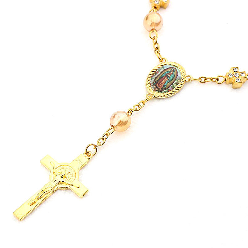 Pulsera Religiosa Virgen del Carmen con Dije de Cruz – Recuerdo de Bautizo o Primera Comunión