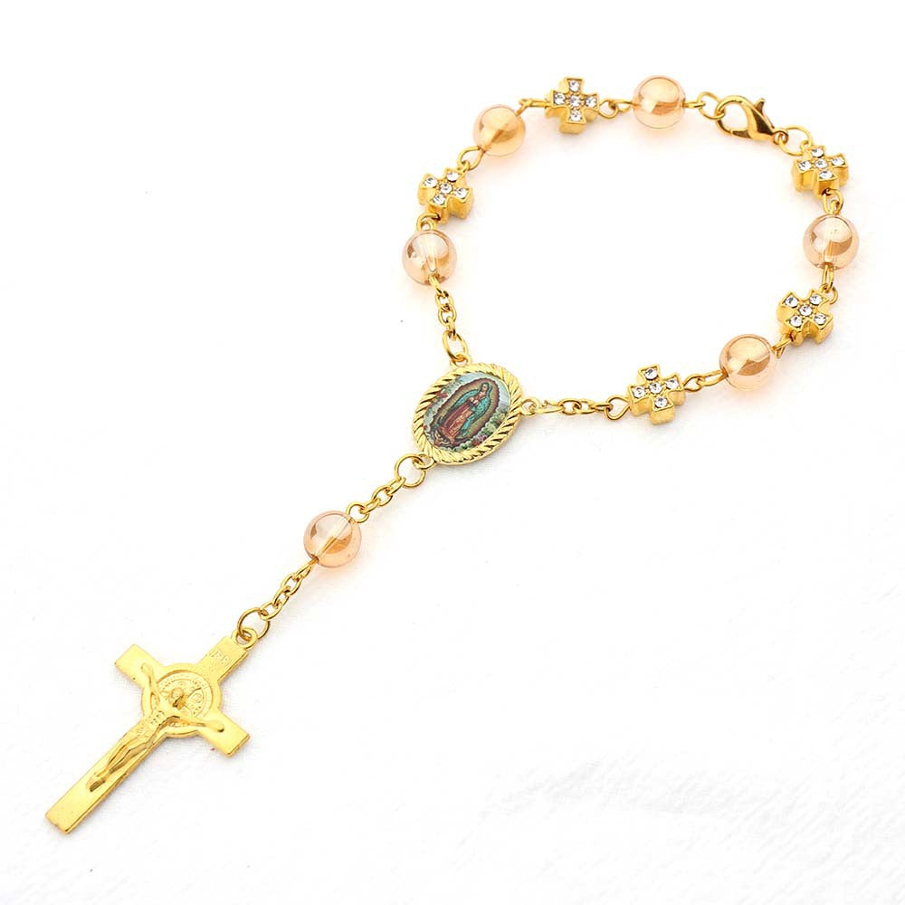 Pulsera Religiosa Virgen del Carmen con Dije de Cruz – Recuerdo de Bautizo o Primera Comunión