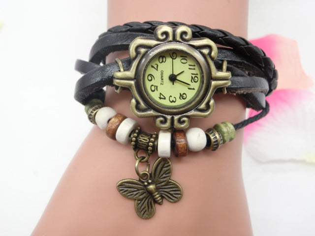 Reloj Boho Chic para Mujer con Pulsera de Cuero Trenzado y Dije de Mariposa