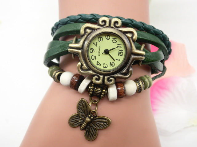 Reloj Boho Chic para Mujer con Pulsera de Cuero Trenzado y Dije de Mariposa