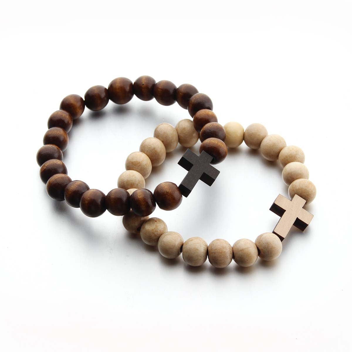 Pulsera de cuentas de madera natural: pulsera de madera marrón con cruz y colgante de madera