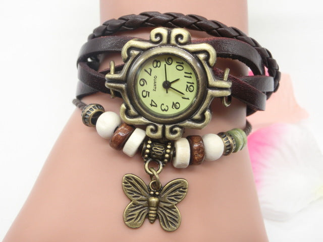 Reloj Boho Chic para Mujer con Pulsera de Cuero Trenzado y Dije de Mariposa