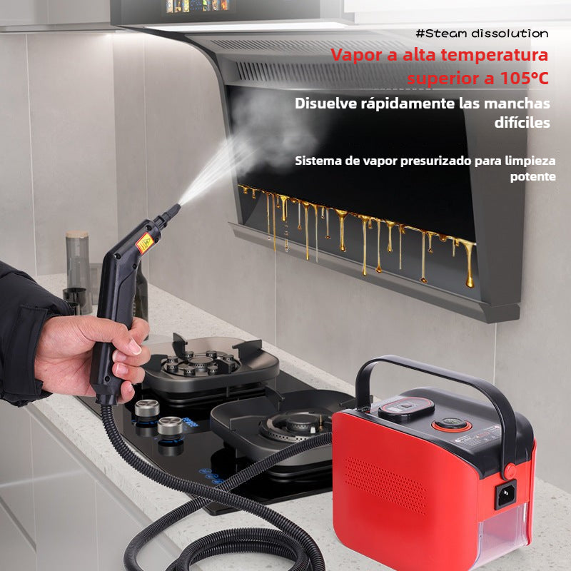 Limpiadora de vapor portátil 1500W con pantalla digital limpiando campana extractora con vapor a más de 105 °C, ideal para manchas difíciles.