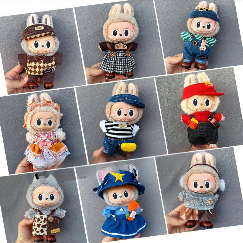 Ropa estilo retro para muñeca Labubu de 17cm con variedad de atuendos clásicos y modernos para figuras de juguete personalizadas.