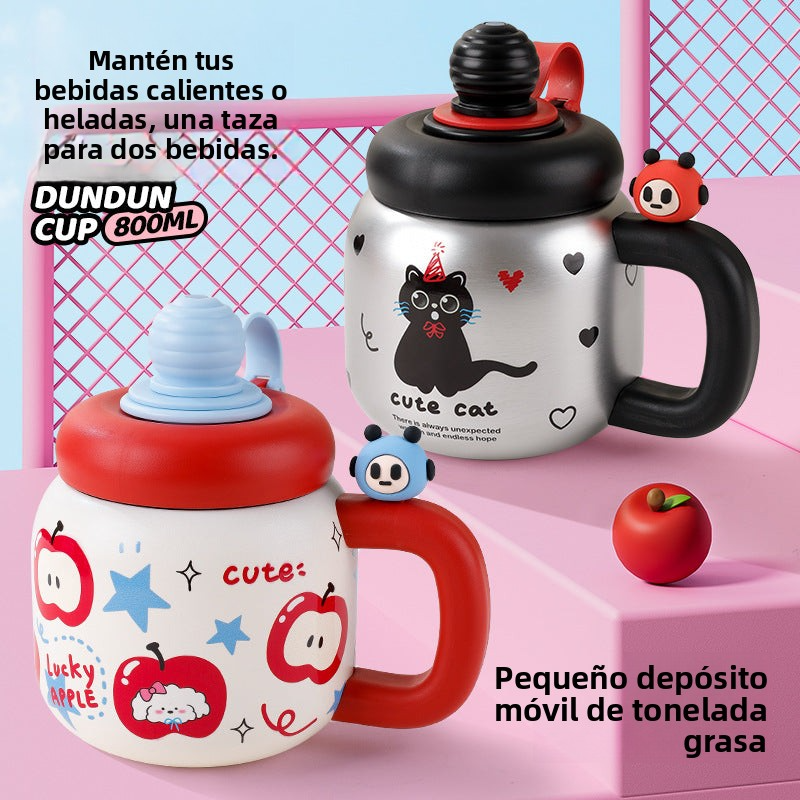 Vaso Térmico Grande para Té, Café o Infusiones con Pajita y Diseño Kawaii