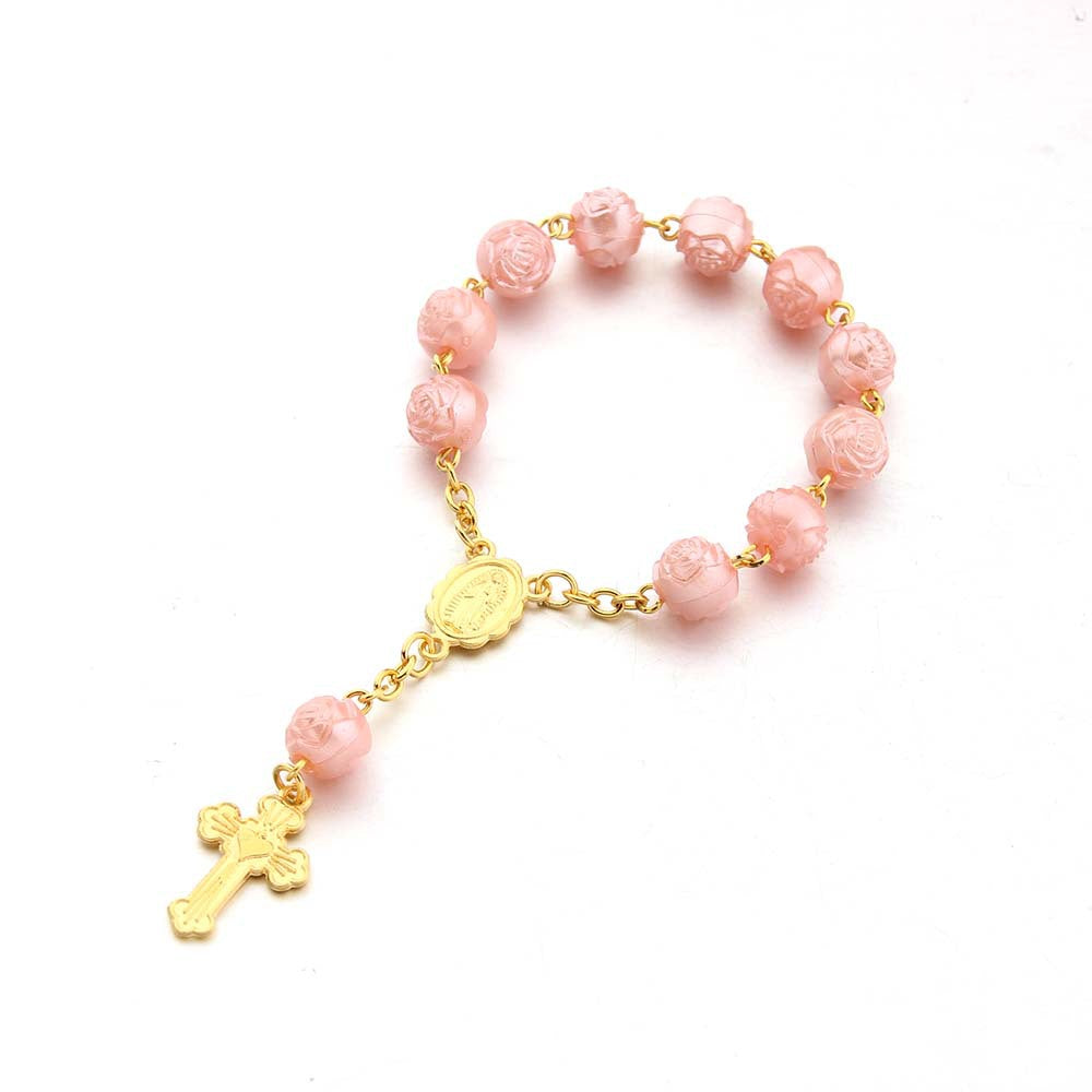 Pulsera Religiosa de Rosas con la Virgen del Carmen – Recuerdo de Bautizo o Primera Comunión