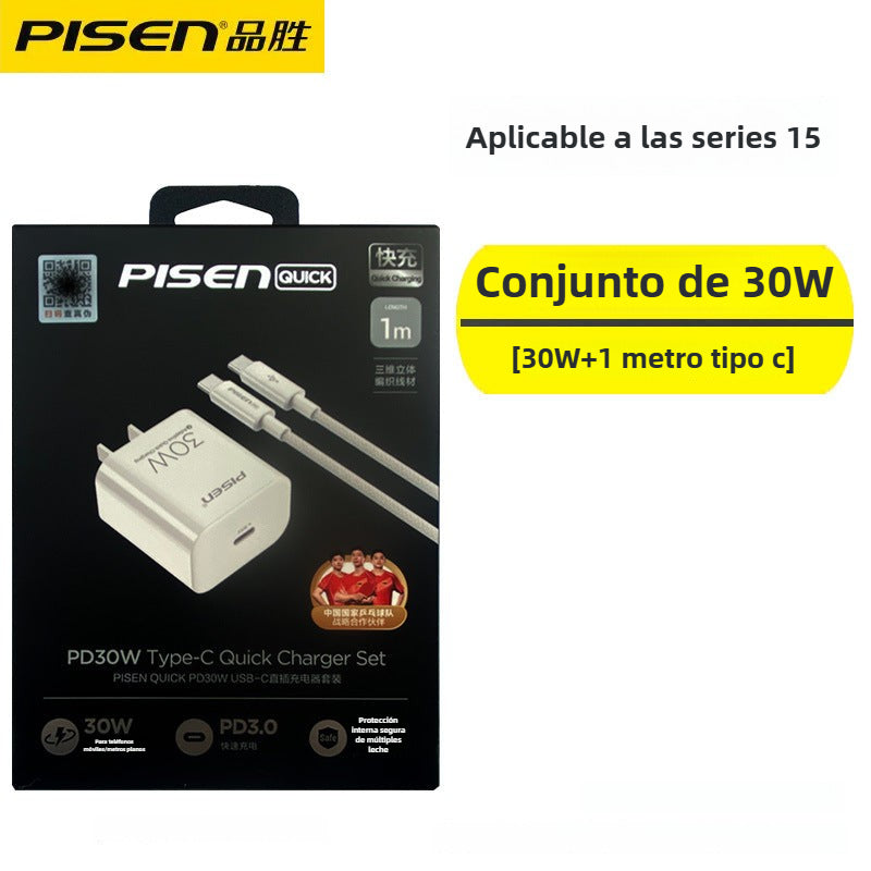 Cargador Rápido PD 30W para iPhone 15: Cable de Datos Tipo C Doble Cabeza