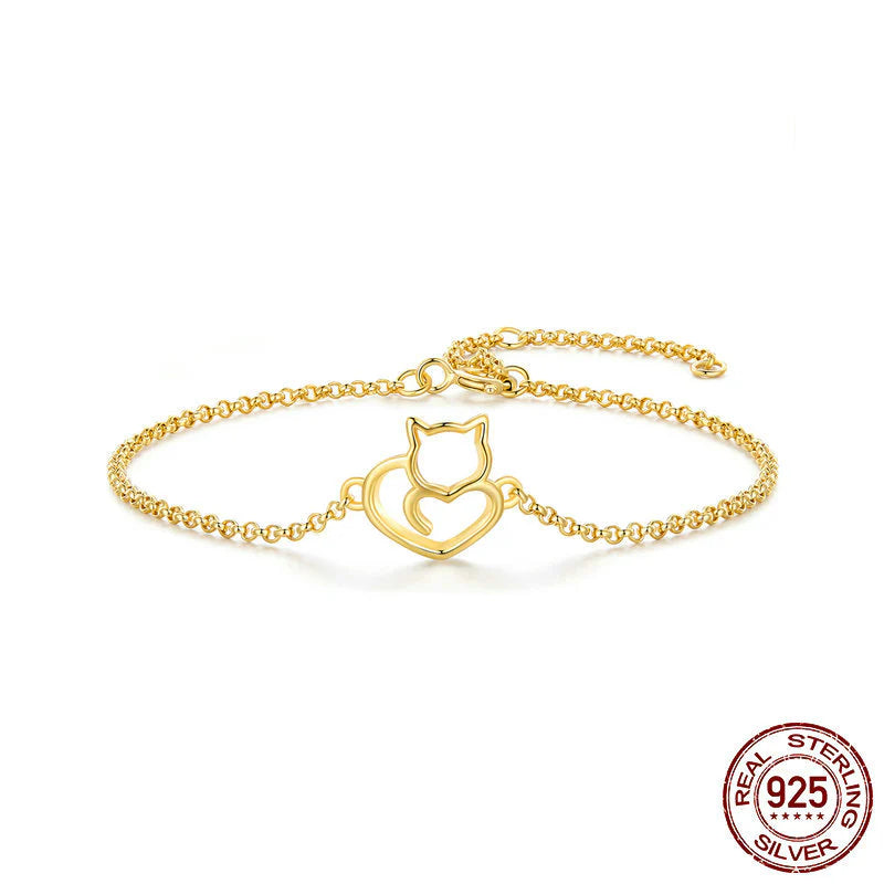 Pulsera de Plata 925 Diseño Gato Adorable: Brazalete Original de Gatito Kawaii, Joyería Creativa con Encanto Felino