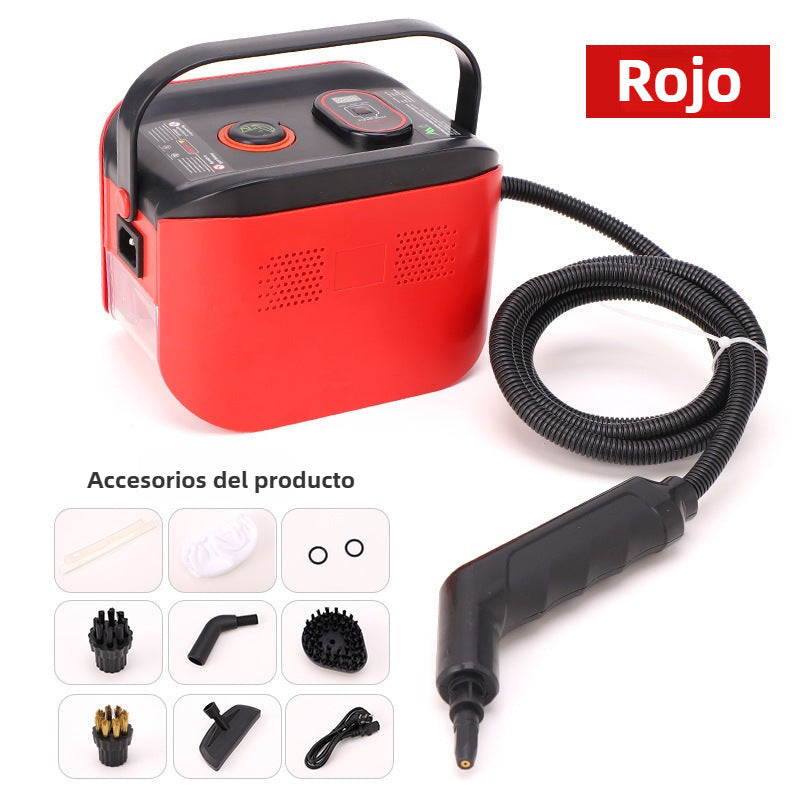 Limpiadora de vapor portátil roja 1500W con pantalla digital y set completo de accesorios para limpieza profunda en el hogar.