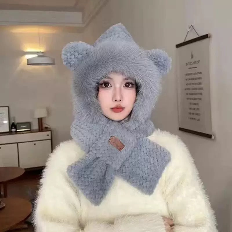 Gorro de Invierno con Orejas y Bufanda Integrada para Mujer Imitación Peluche