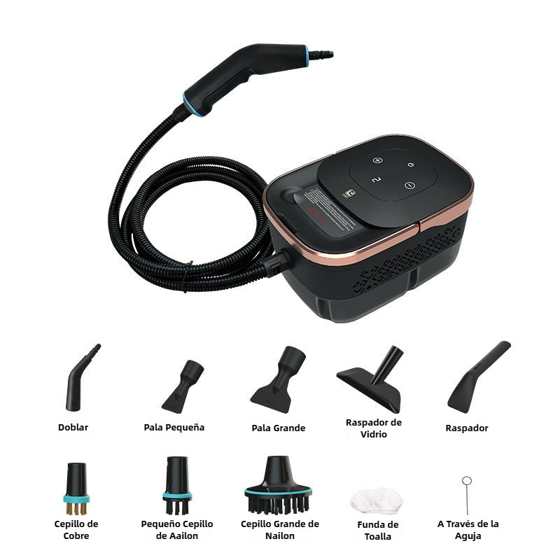 Máquina de limpieza a vapor portátil con depósito de 1250 ml y kit completo de boquillas y cepillos para limpieza detallada del hogar.