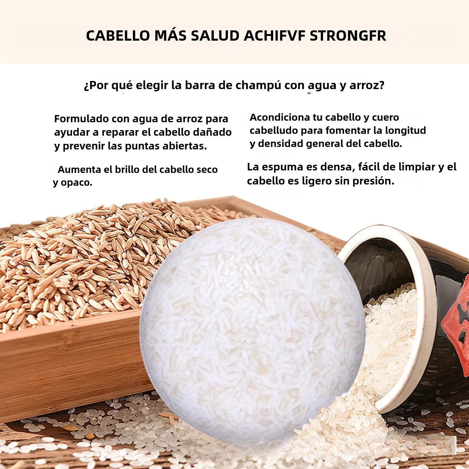 Champú sólido con agua de arroz para cabello negro, fortalece desde la raíz, combate el daño y deja el cabello suave y brillante sin esfuerzo.