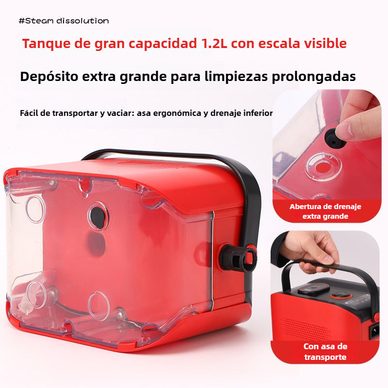 Tanque transparente de 1.2L con escala visible de limpiadora de vapor 1500W, diseño ergonómico y apertura de drenaje para uso prolongado.