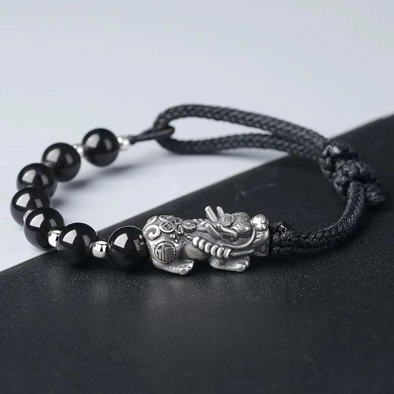 Pulsera de hombre de obsidiana negra con plata: regalo de cumpleaños, trenzado, perlas, atrayendo riquezas