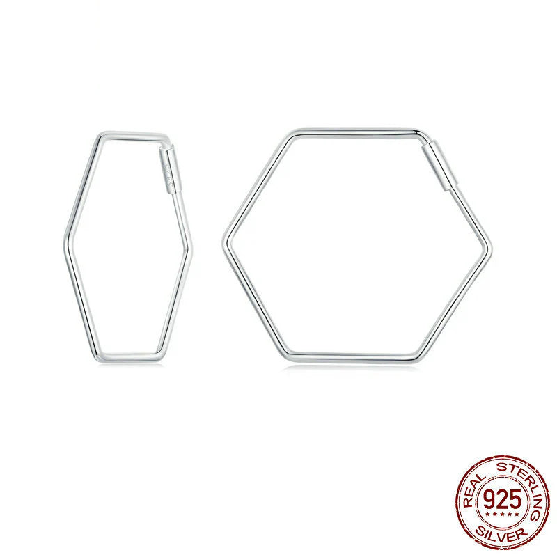 Aros medianos hexagonales de plata 925 con diseño geométrico minimalista para mujer