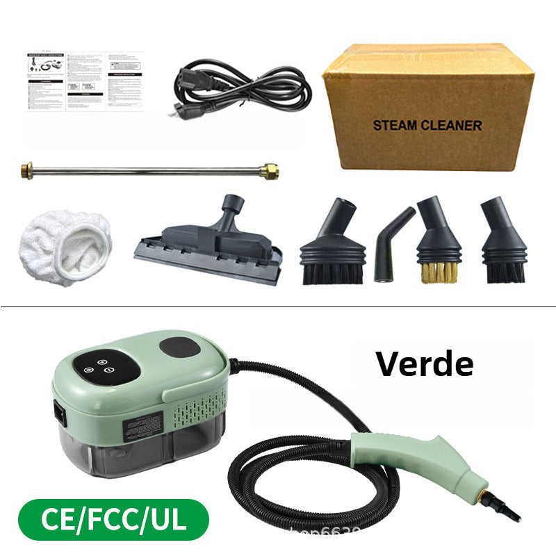 Limpiadora a vapor verde con kit de cepillos y boquillas, perfecta para desinfección ecológica de superficies del hogar sin químicos.