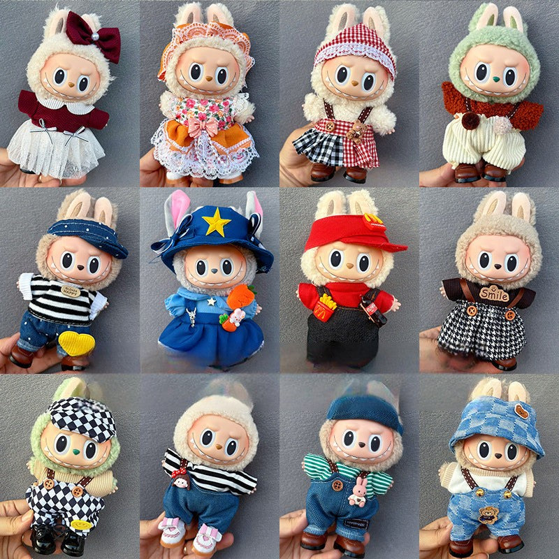 Conjunto de ropa estilo retro para muñeca Labubu de 17cm con 12 diseños únicos, ideales para personalizar figuras de colección vintage.