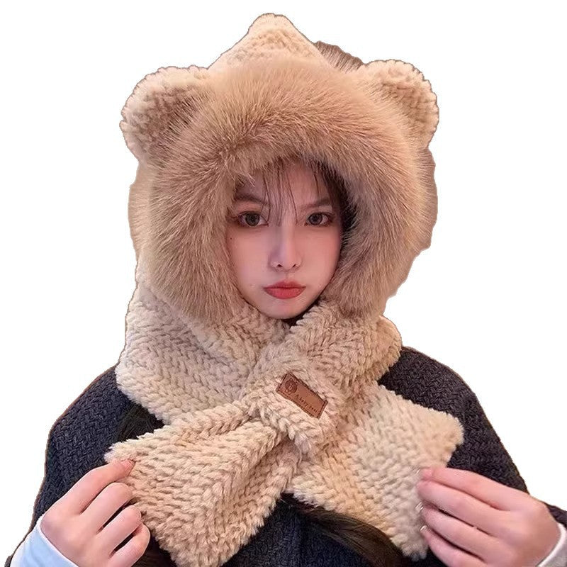 Gorro de Invierno con Orejas y Bufanda Integrada para Mujer Imitación Peluche
