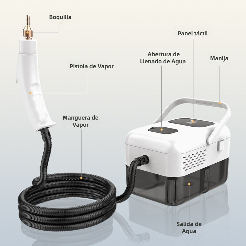 Componentes del Limpiador de Vapor Portátil con boquilla, pistola y manguera. Alta temperatura para esterilizar en cocina y baño.