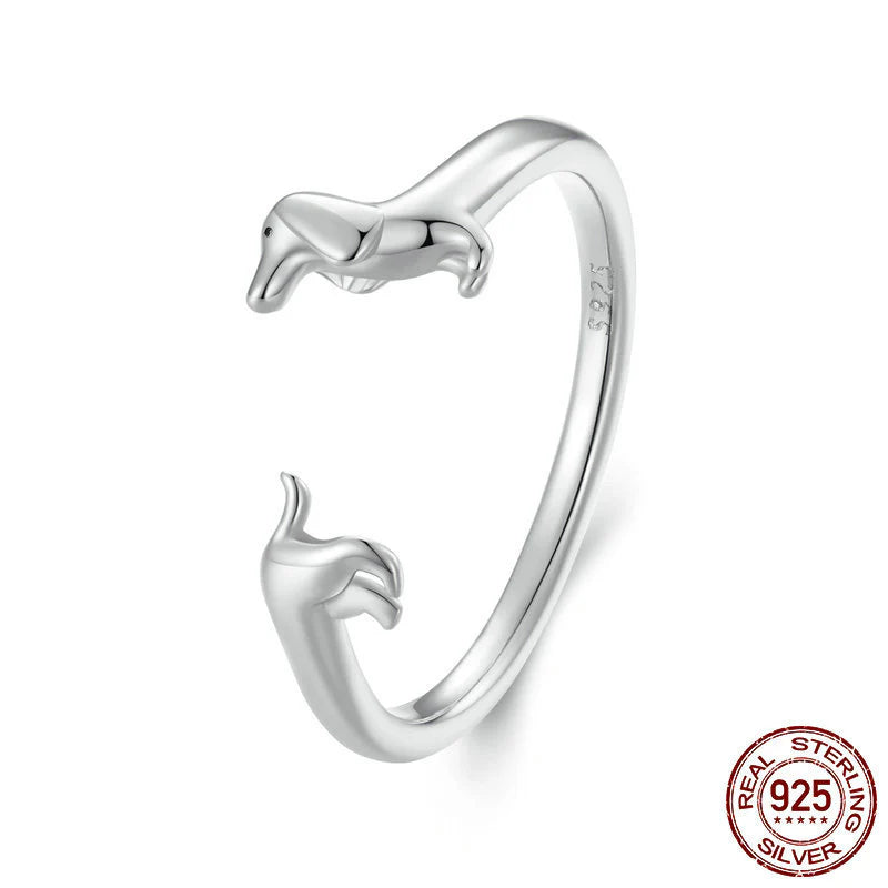 Anillo Ajustable Perro Salchicha Plata 925: Anillo de Plata Esterlina Dachshund Multicolor, Joya Animal Adorable para Amantes de los Perros