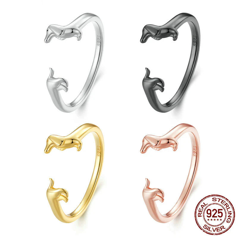 Anillo Ajustable Perro Salchicha Plata 925: Anillo de Plata Esterlina Dachshund Multicolor, Joya Animal Adorable para Amantes de los Perros