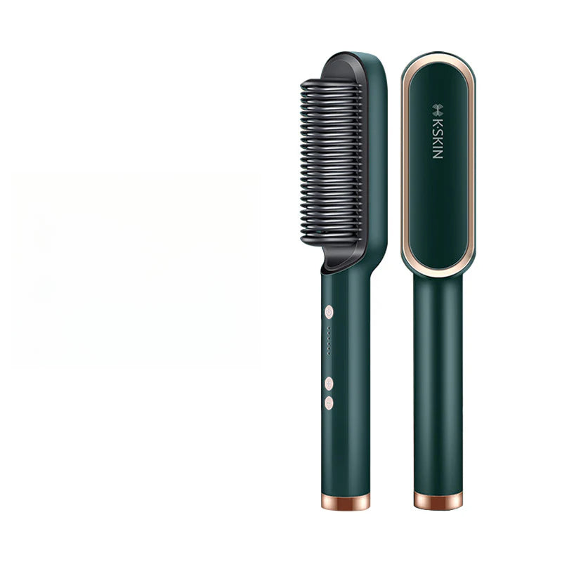 Cepillo alisador de pelo caliente iónico cerámico verde con acabado elegante, tecnología 2 en 1 para peinados suaves y sin encrespamiento.
