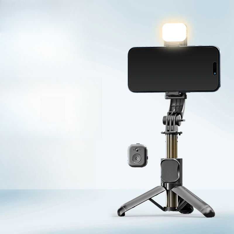 Mini Trípode Selfie Q20 con Bluetooth con luz LED y control remoto, ideal para selfies y grabaciones con iluminación profesional en viajes.