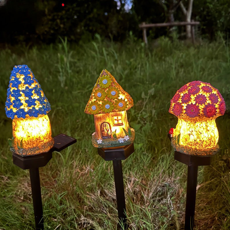 Lámpara solar de resina en forma de casita para jardín