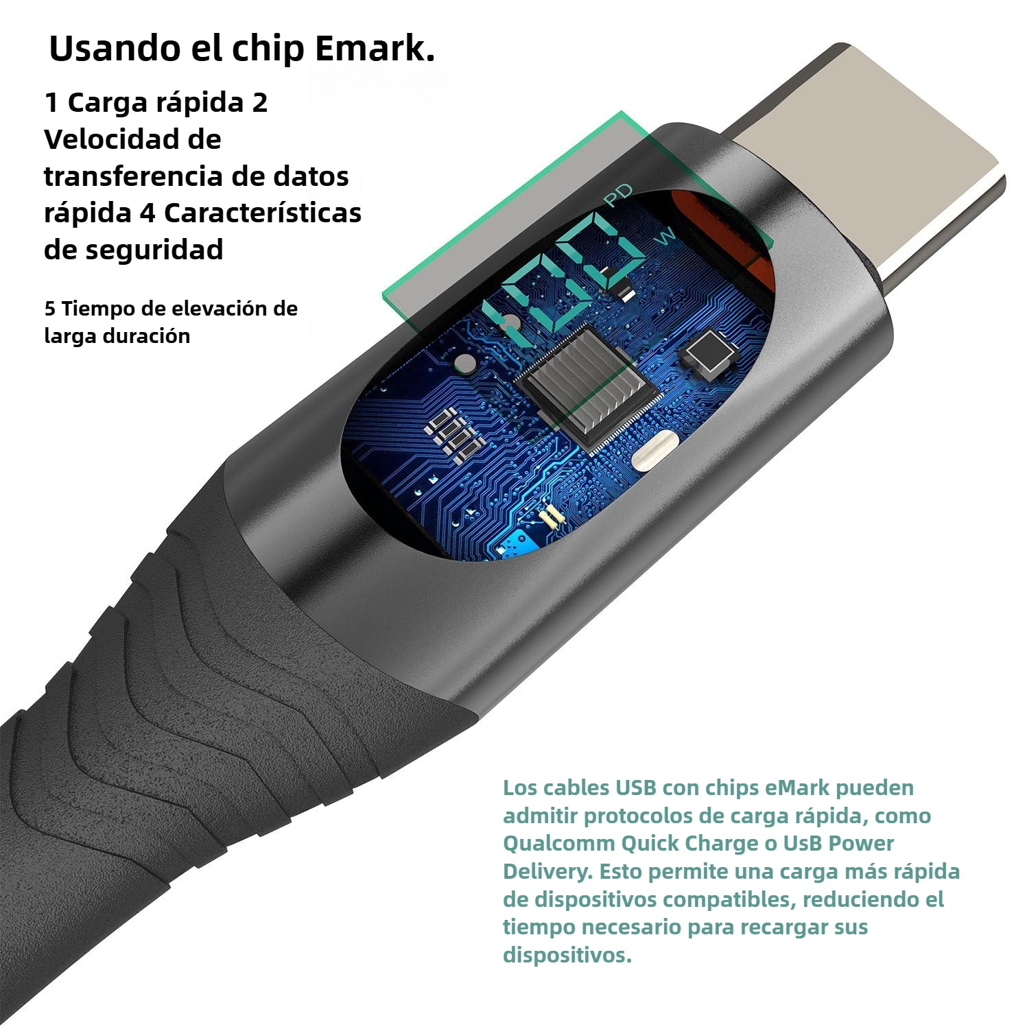 Cable de carga rápida de 100 W con pantalla digital: compatible con dispositivos USB-C tipo C