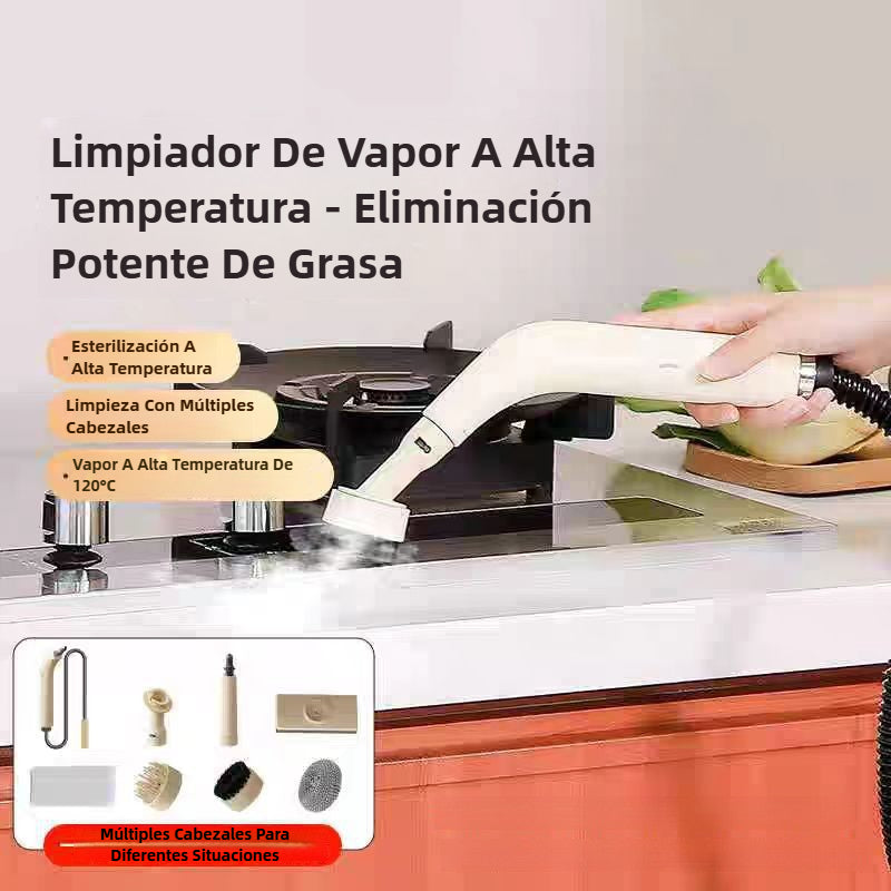 Limpiadora a vapor portátil desinfectando cocina con cabezal intercambiable, elimina grasa con vapor caliente a 120°C sin químicos.