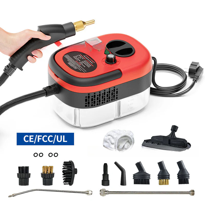 Limpiadora a vapor roja 2500W con 5 niveles de temperatura y kit de limpieza completo para uso doméstico y profesional