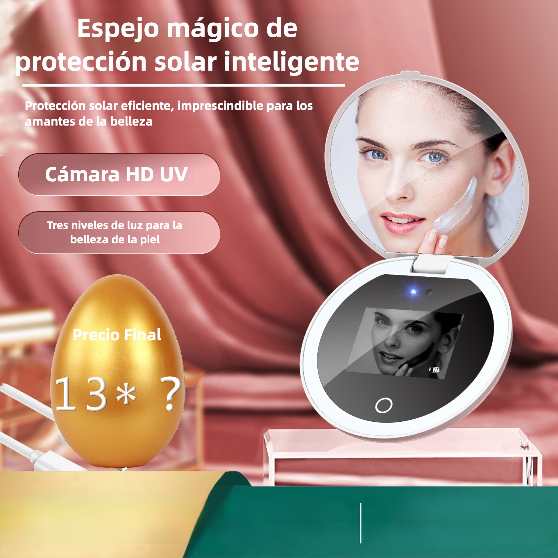 Espejo de maquillaje inteligente con protección UV: portátil con LED y detección de rayos ultravioleta