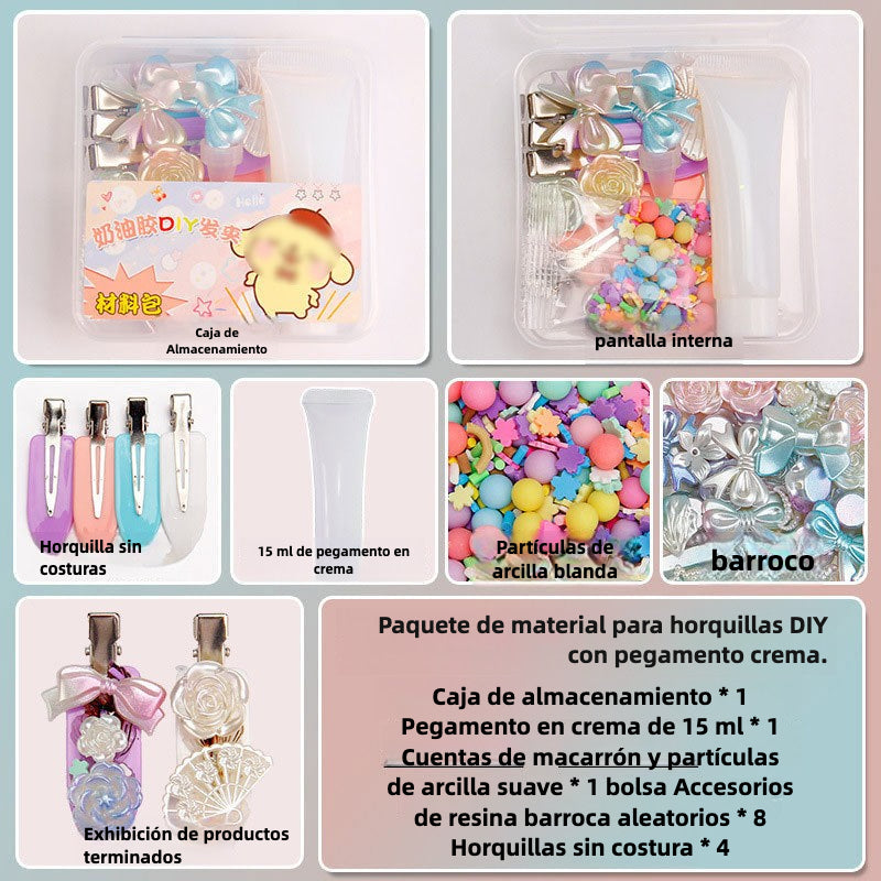 Set de Manualidades para Niñas con Pegamento en Crema 15g – Clips de Cabello y Accesorios de Resina