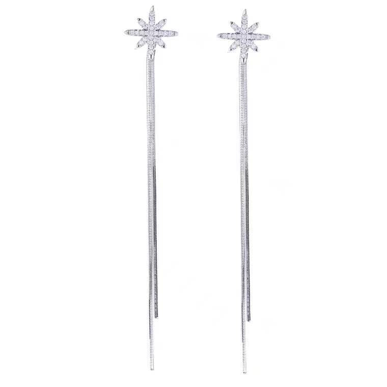 Aretes Largos de Plata 925 – Diseño de Estrella con Borlas y Cierre de Presión