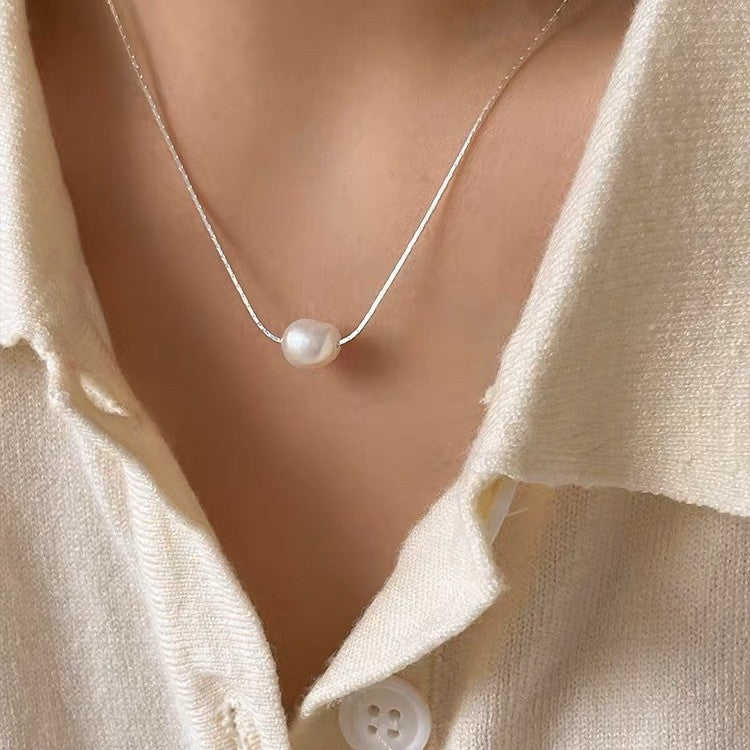 Collar para Clavícula de Plata 925 con Perla y Cadena Serpiente