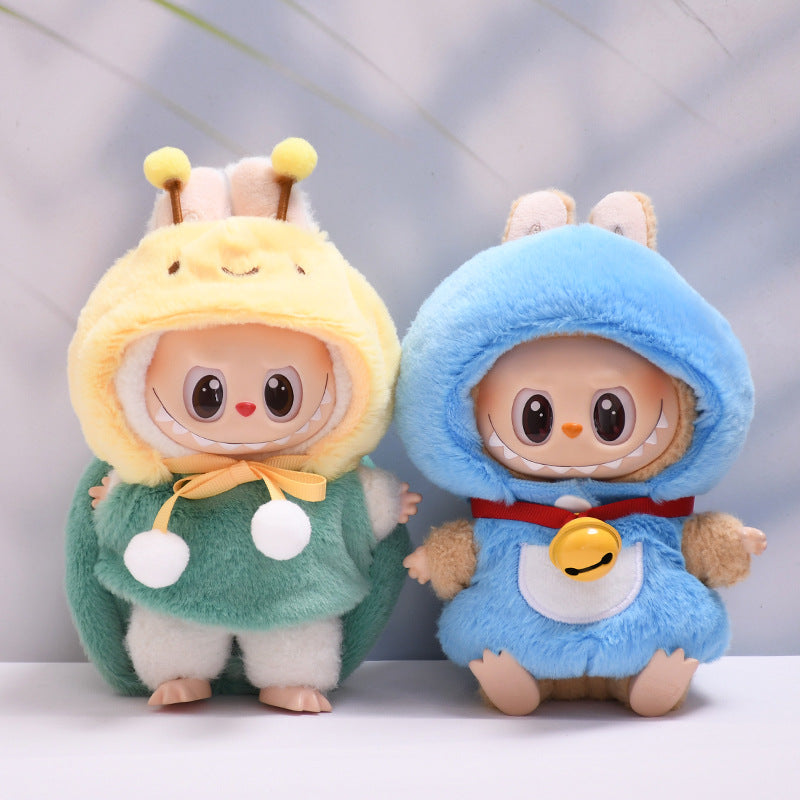 Labubu Ropa Muñeca | Disfraces Labubu 17cm: Set Tortuga, Abeja y Azul con capuchas suaves y detalles decorativos. Muñeca no incluida.