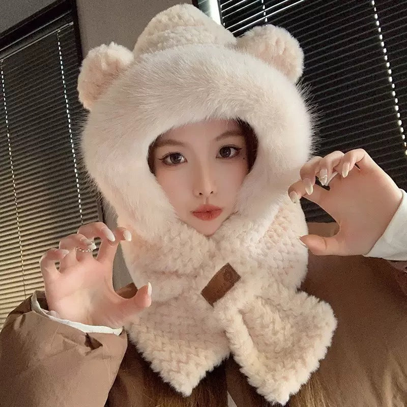 Gorro de Invierno con Orejas y Bufanda Integrada para Mujer Imitación Peluche