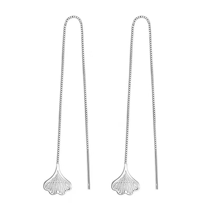 Aretes Enhebrador de Hoja de Ginkgo en Plata 925 – Cadenas Colgantes para Mujer