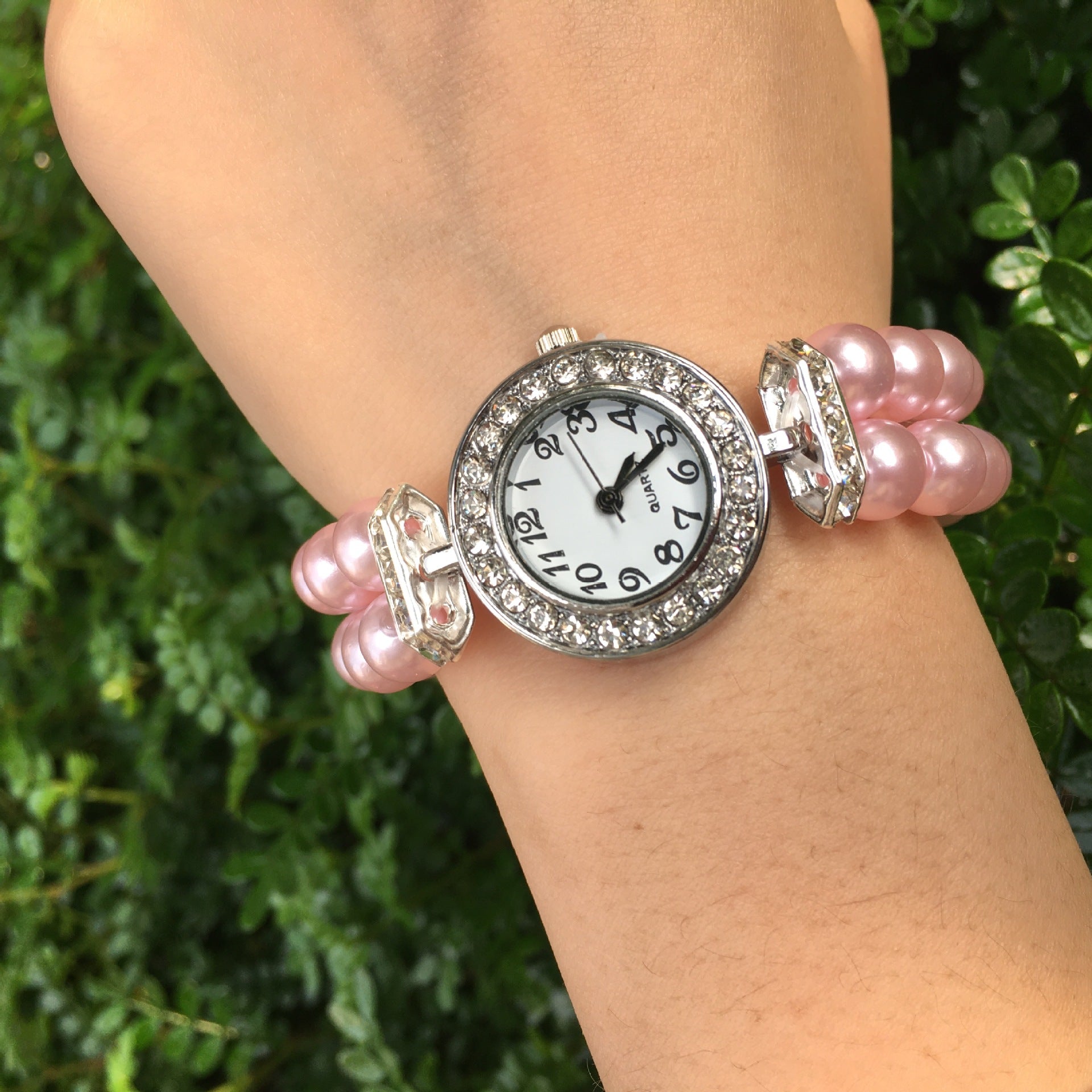 Elastic Pearl Heart Bracelet with Quartz Watch - Japanese Style for Women