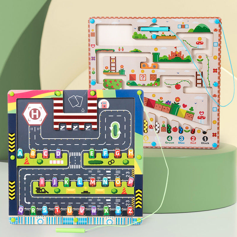 Labertino Magnético para Niños con diseño de carretera y letras del abecedario. Juego educativo para aprender letras y coordinación motriz.