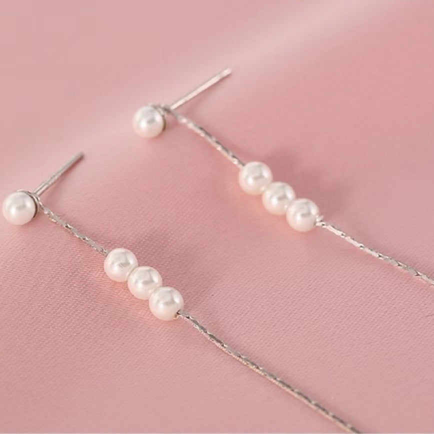 Aretes Largos de Plata 925 con Perlas– Enhebrador Cadena Tipo Serpiente