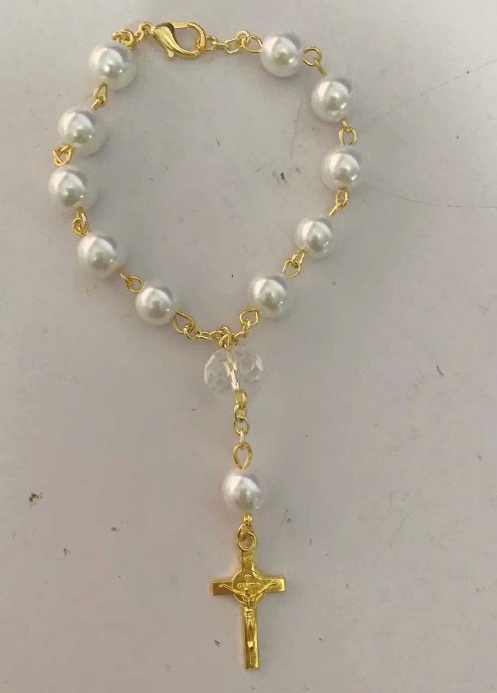 Pulsera Religiosa Virgen del Carmen con Dije de Cruz – Recuerdo de Bautizo o Primera Comunión