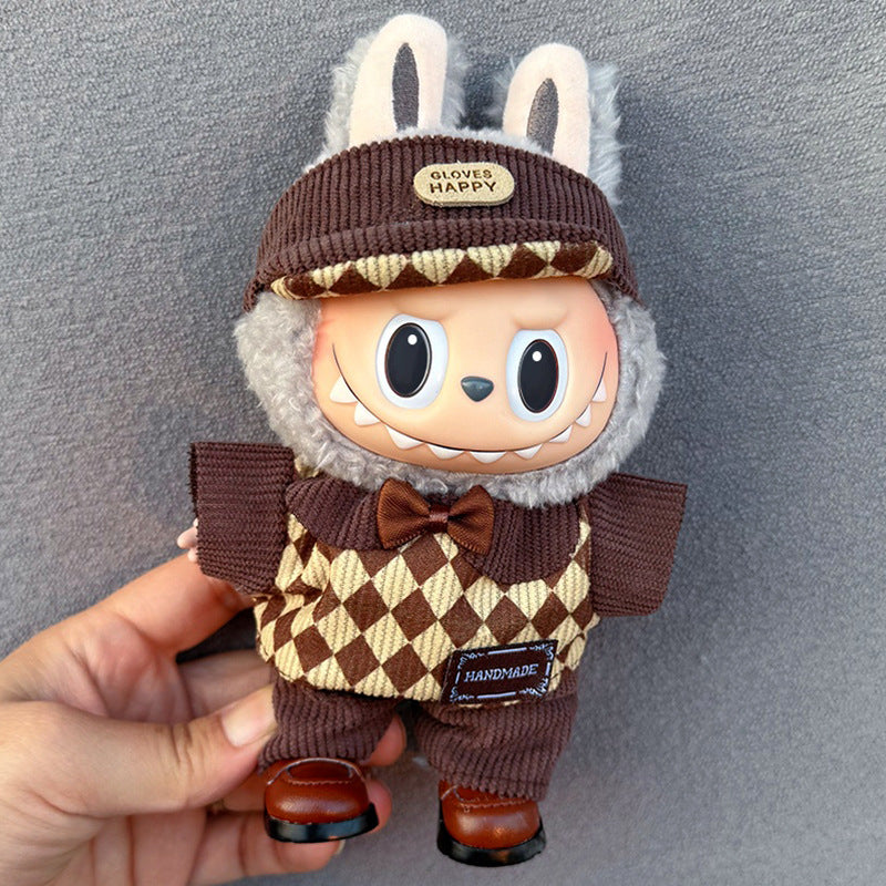 Conjunto de rombos marrón con gorra para muñeca Labubu de 17cm, ropa estilo retro con detalles hechos a mano.