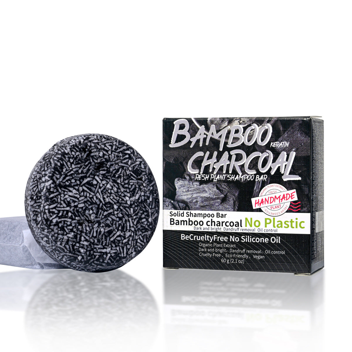 Jabón sólido de carbón de bambú para cabello, limpieza profunda y control de grasa, sin silicona ni ingredientes dañinos.