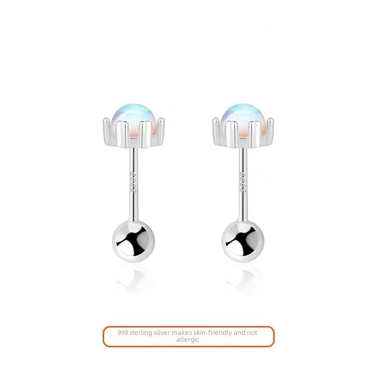 Aretes de Botón con Piedra de Luna en Plata 999 – Diseño Elegante y Sutil para Mujer