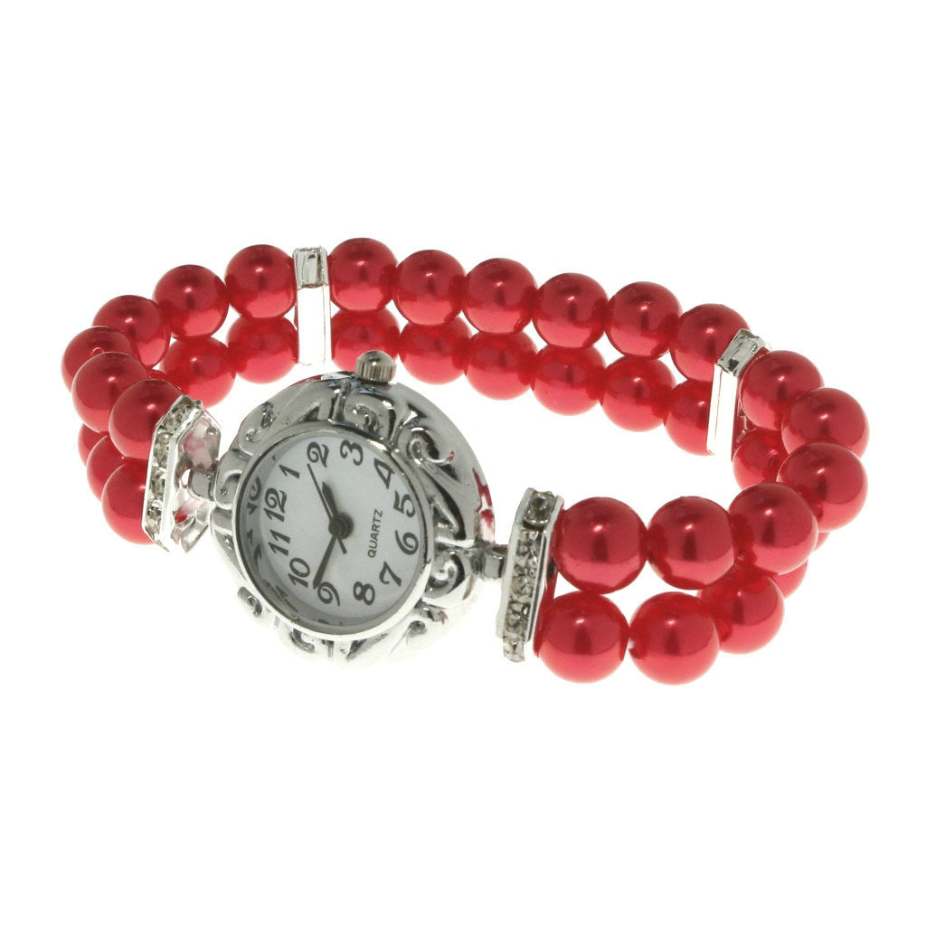 Elastic Pearl Heart Bracelet with Quartz Watch - Japanese Style for Women