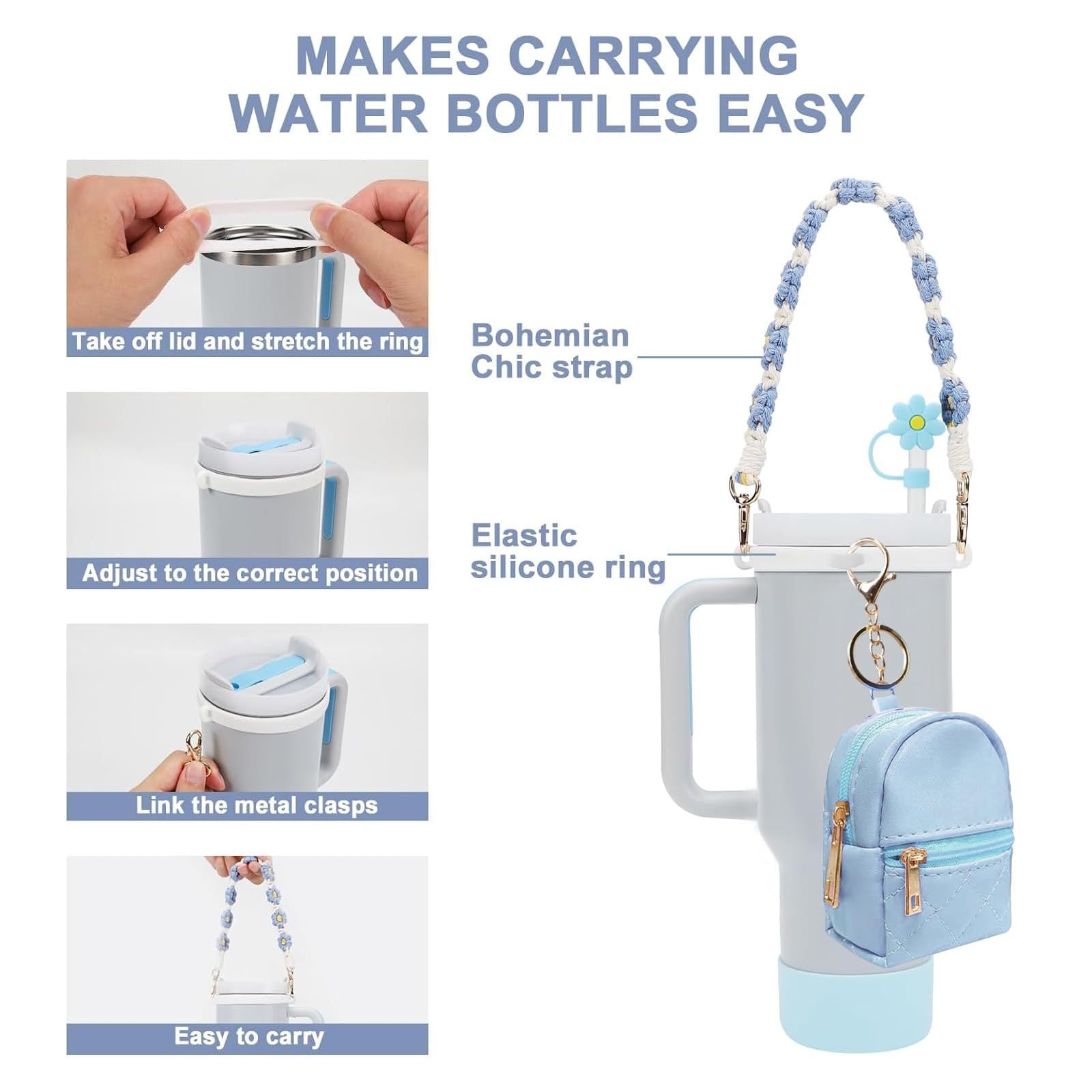 Stanley Flower Straw Cap Set: Silicone Sleeve, Heart Pendant & More (8 pcs)